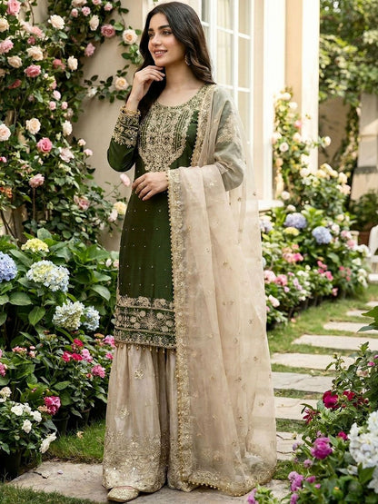 Dhiyona KL Women Ethnic Motifs Embroidered Regular Thread Work Kurta with Sharara & With Dupatta