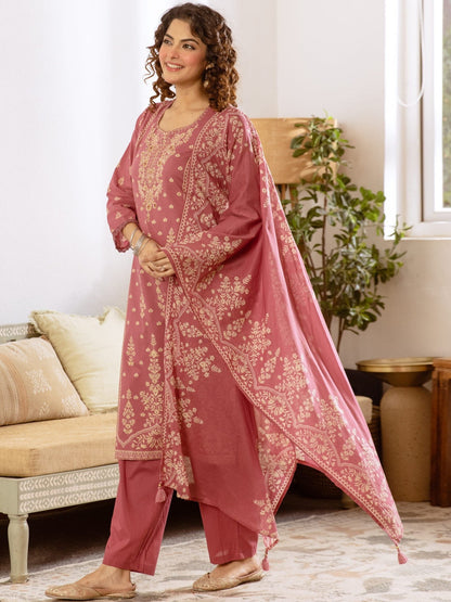 Printed Cotton Sweetheart Neck Kurta & Trousers With Dupatta