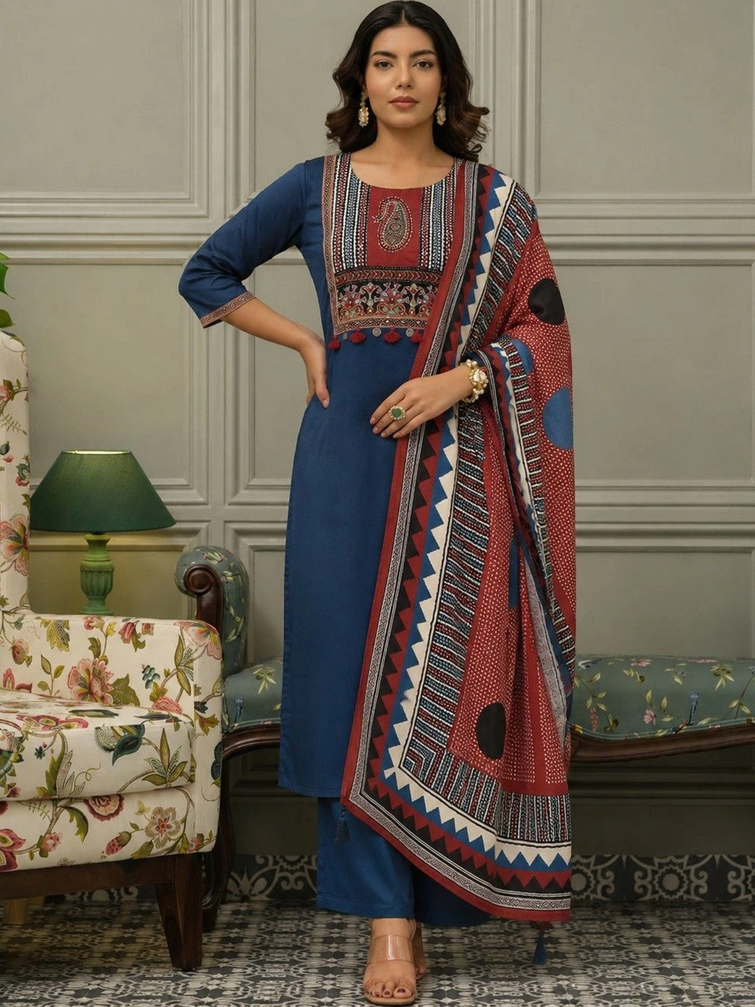 Women Ethnic Embroidered Regular Pure Cotton Kurta with Trousers & With Dupatta