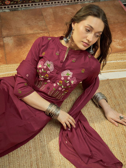Embroidered Pure Cotton Mandarin Collar Kurta & Trousers With Dupatta