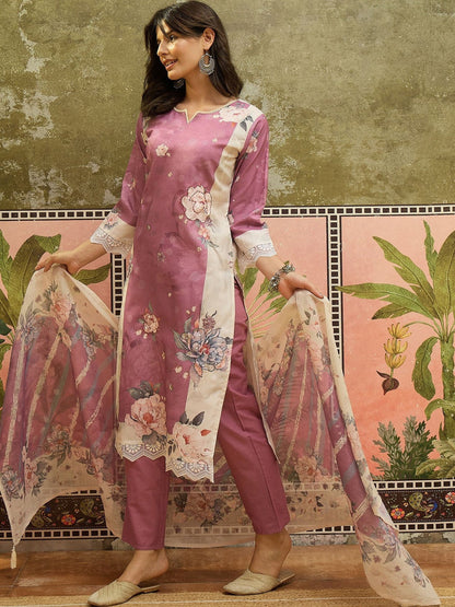 Women Floral Printed Regular Linen Kurta with Trousers & With Dupatta