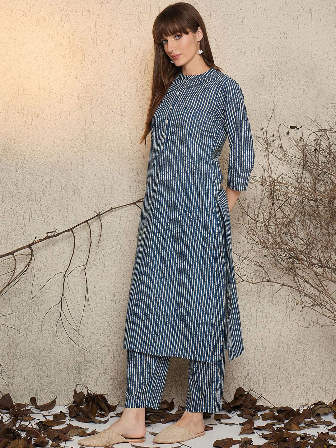 Dhiyona IE Women Printed Mandarin Collar Cotton Top and Trousers Co-Ords