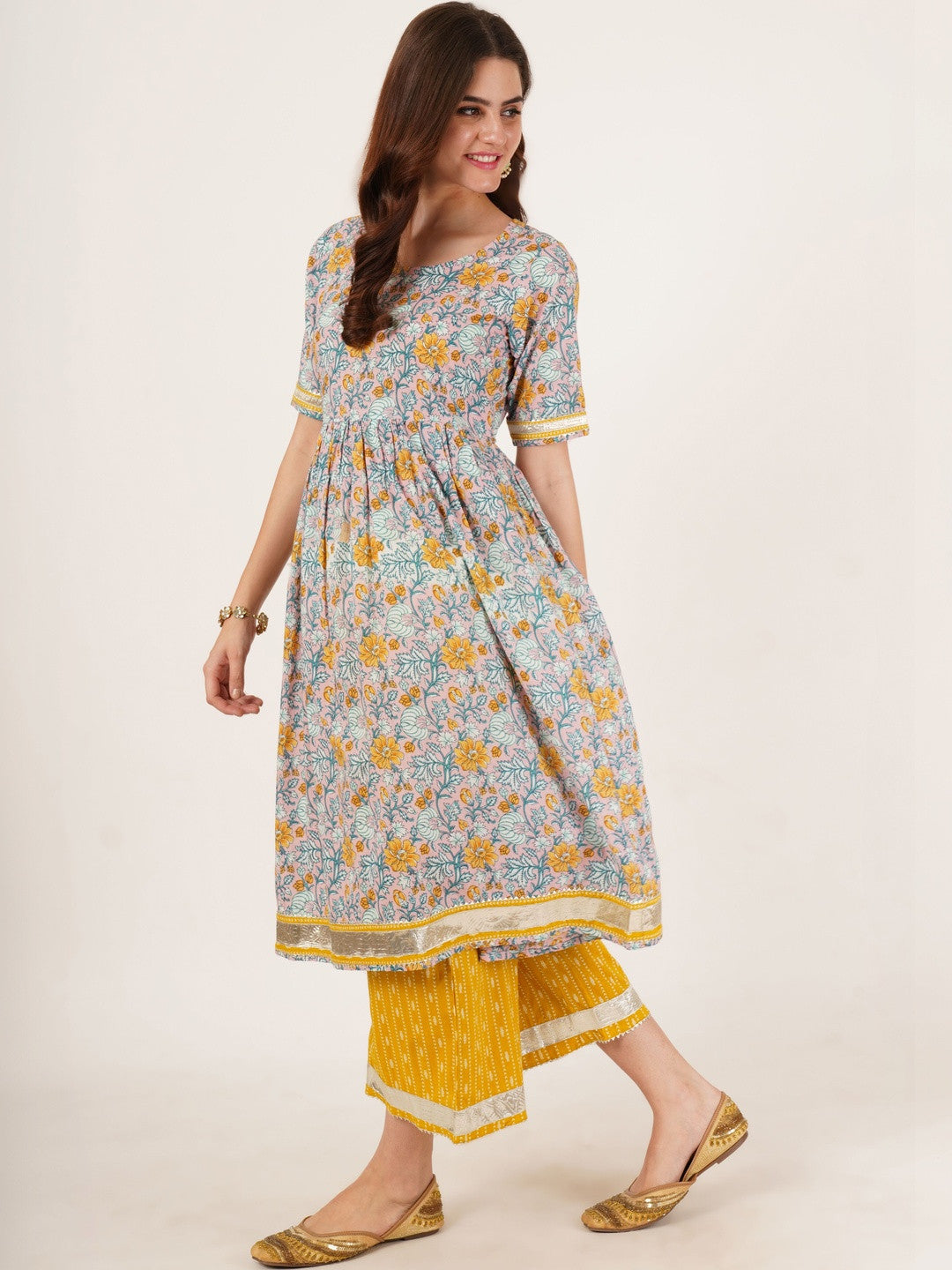 Women Floral Printed Empire Pure Cotton Kurta with Palazzos