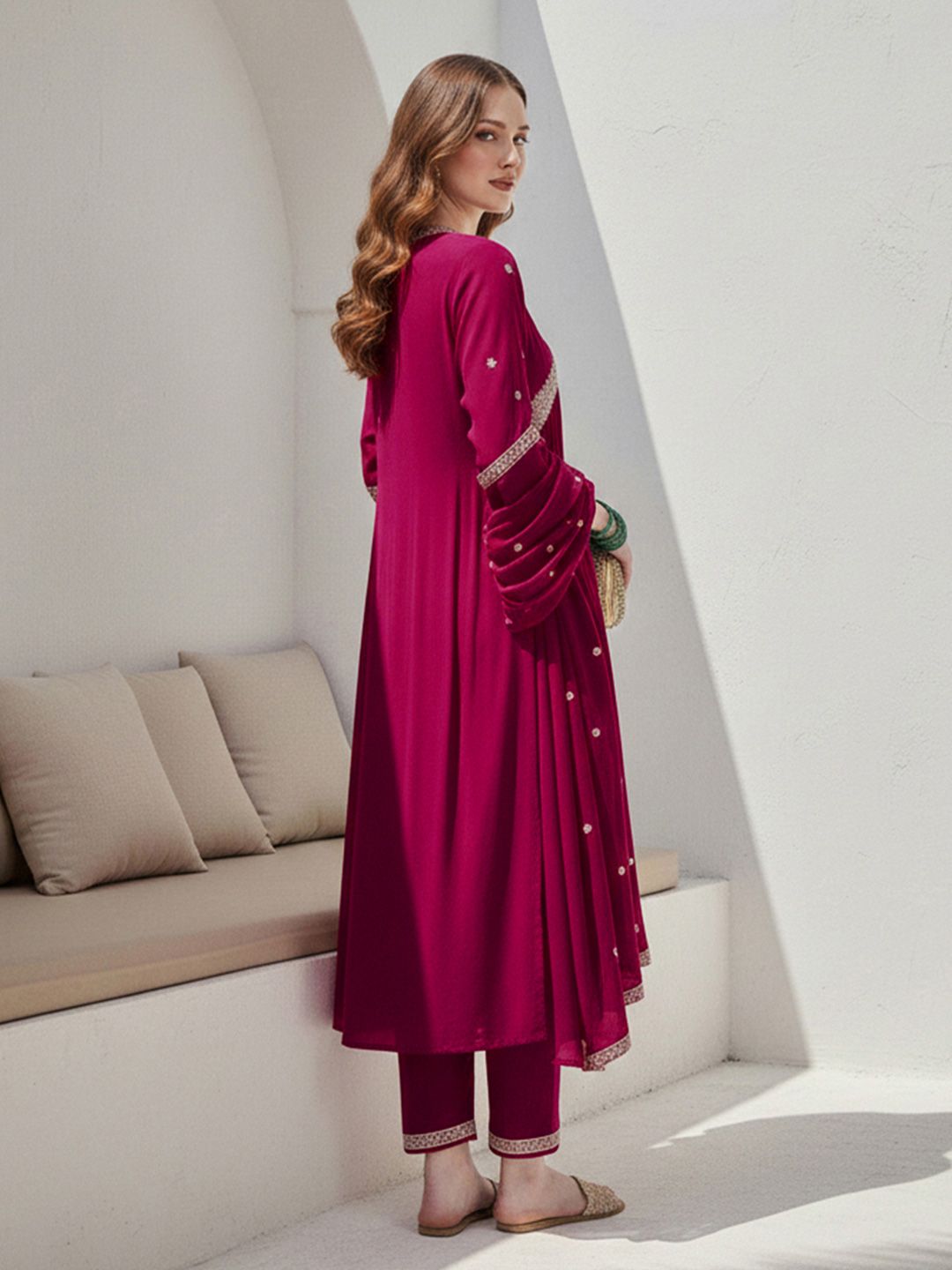 Dhiyona CH Women Ethnic Motifs Embroidered Panelled Thread Work Kurta with Trousers & With Dupatta