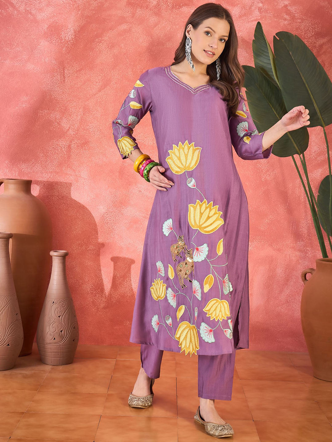 Floral Embroidered A-Line Kurta With Trousers & Bag