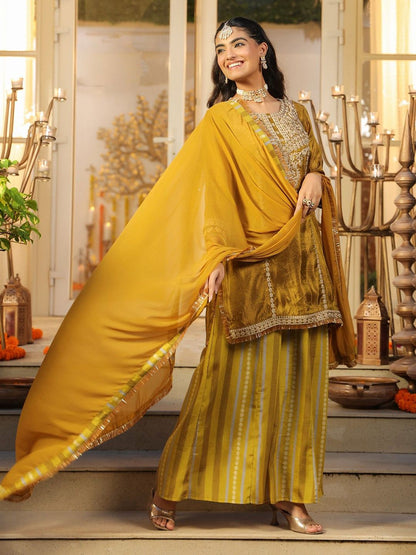 Dhiyona SC Women Ethnic Motifs Embroidered Kurta with Sharara & Dupatta