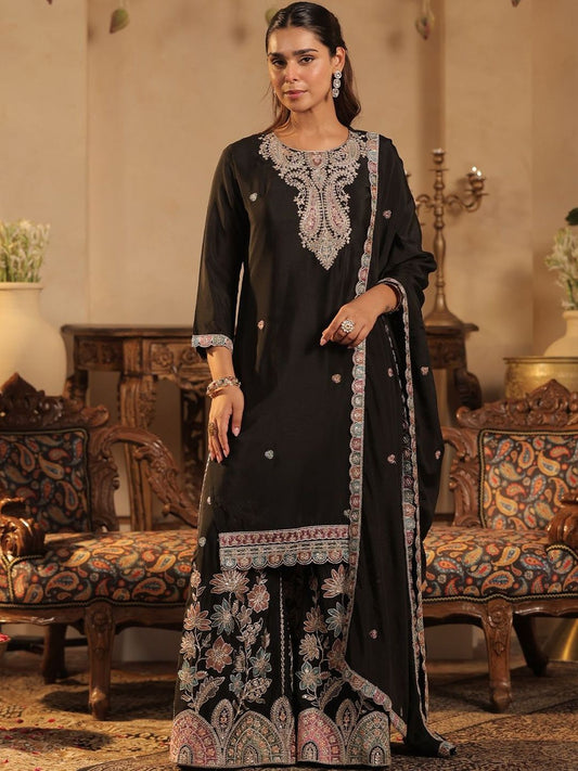 Women Paisley Embroidered Regular Sequinned Straight Kurta with Palazzos &Dupatta