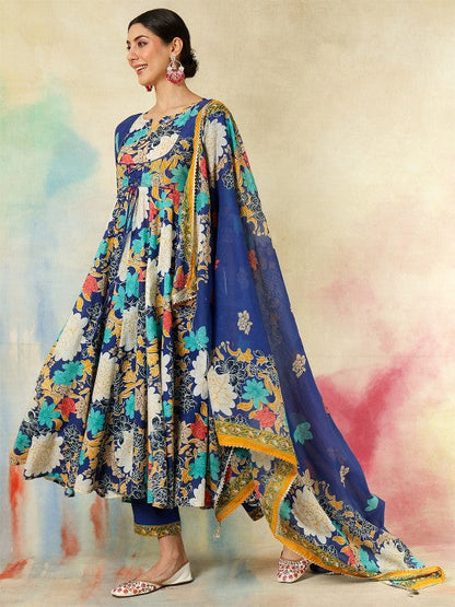 Women's Floral Printed Pure Cotton Anarkali Kurta With Trousers And Dupatta