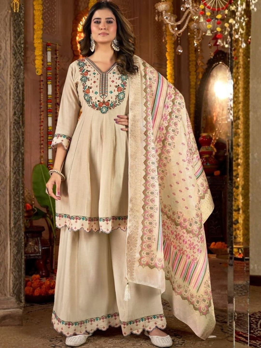 Dhiyona KL Women Ethnic Motifs Embroidered Panelled Thread Work Pure Silk Kurta with Sharara & With Dupatta