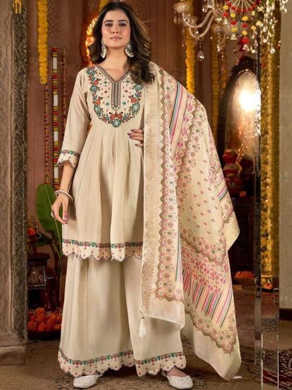 Dhiyona KL Women Ethnic Motifs Embroidered Panelled Thread Work Pure Silk Kurta with Sharara & With Dupatta