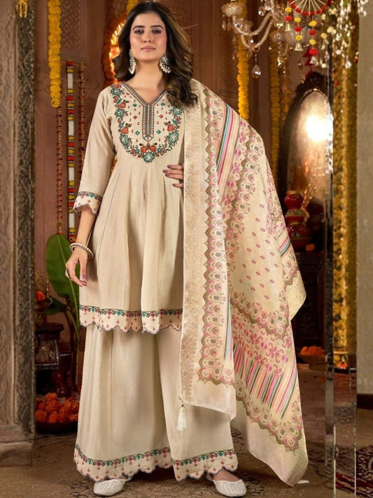 Dhiyona KL Women Ethnic Motifs Embroidered Panelled Thread Work Pure Silk Kurta with Sharara & With Dupatta