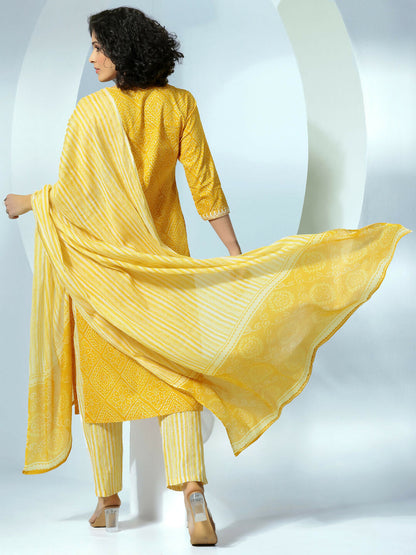 Women's LB Mustard Printed Cotton Straight Suit With Dupatta