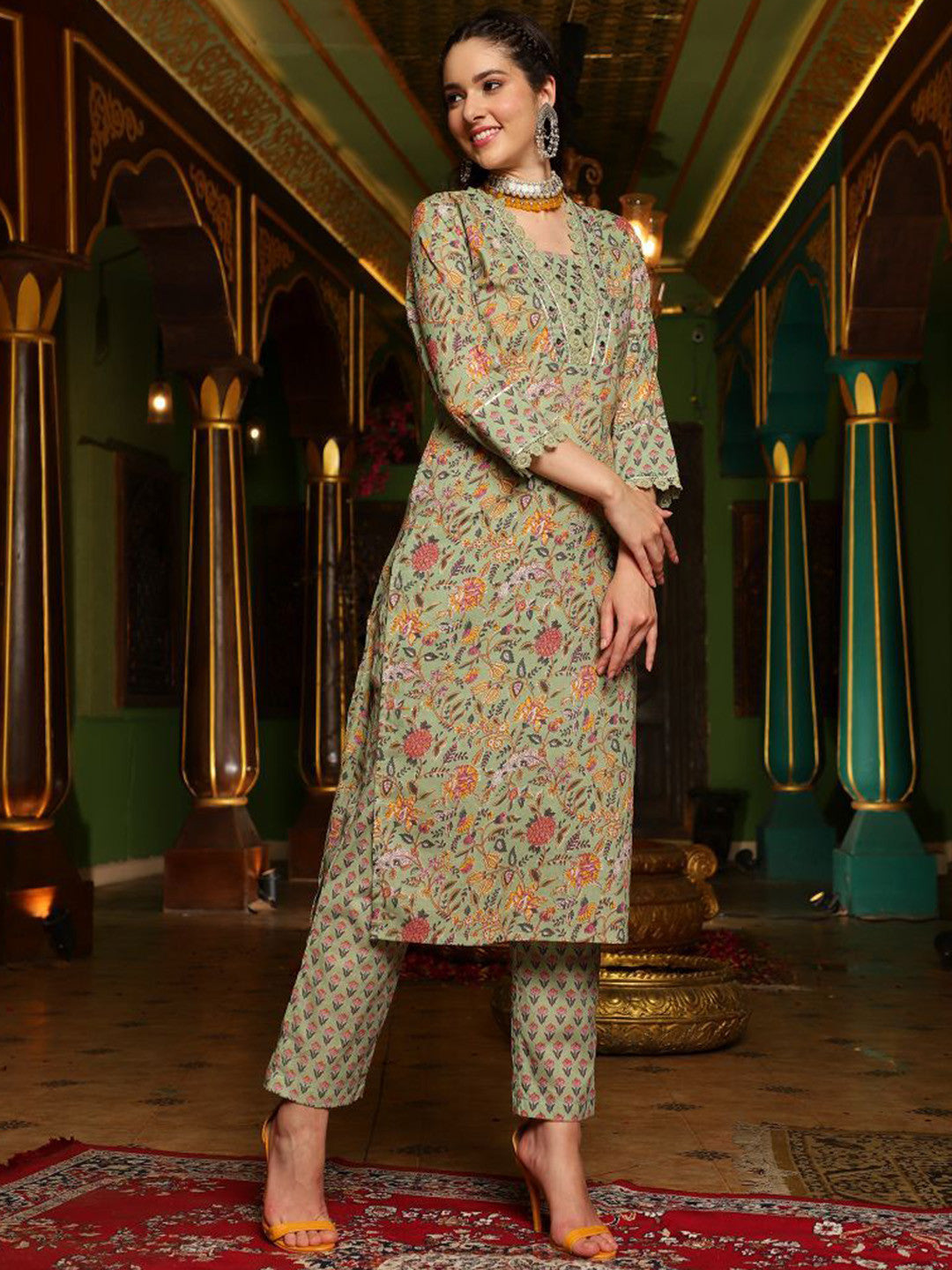 Floral Printed Pure Cotton Straight Kurta With Trousers & Dupatta Set
