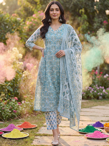 Women Ethnic Motifs Printed Regular Pure Cotton Kurta with Trousers & With Dupatta