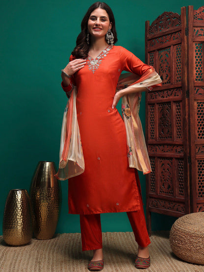 Sequin Embroidered Straight Kurta & Trousers With Dupatta
