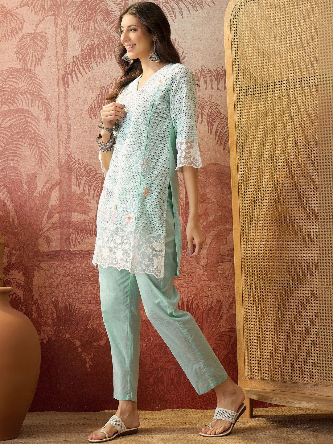 Embroidered Pure Cotton V-Neck Kurta & Trousers Kurta Set