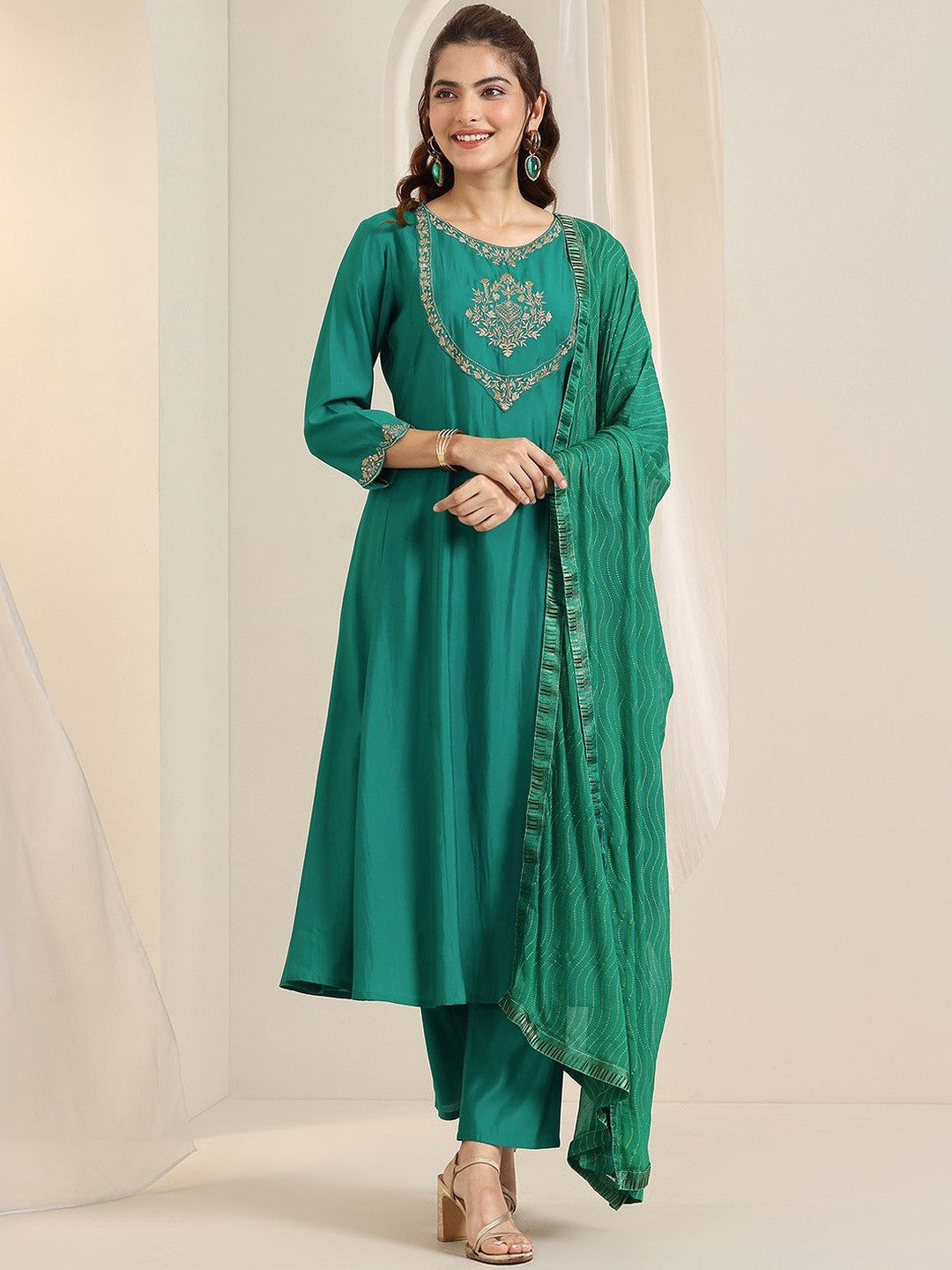 Women Ethnic Motifs Embroidered A-Line Kurta with Trousers & Dupatta