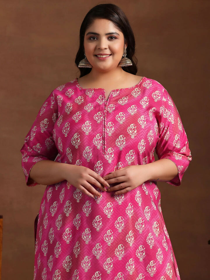 Women's LB Plus Size Pink Printed Silk Blend Straight Suit With Dupatta