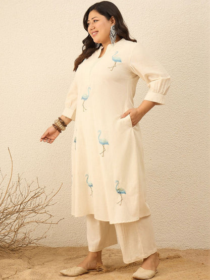 Plus Size Off White Embroidered A-Line Kurta Trousers Set