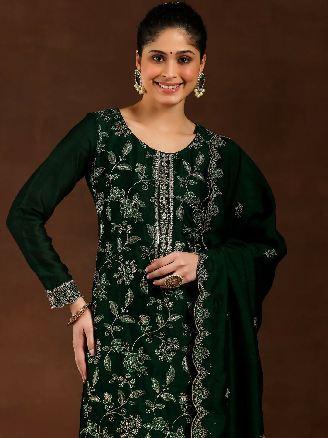 Women's LB Green Embroidered Silk Blend Straight Suit With Dupatta