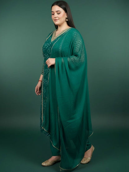 Dhiyona Women's Bandhani Printed Regular Gotta Patti Kurta with Trousers & With Dupatta