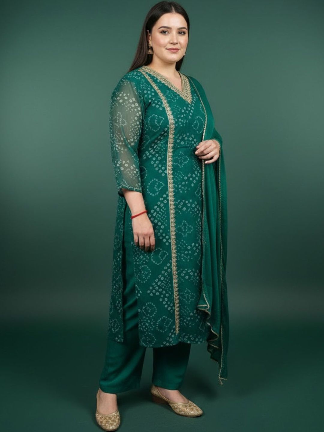 Dhiyona Women's Bandhani Printed Regular Gotta Patti Kurta with Trousers & With Dupatta