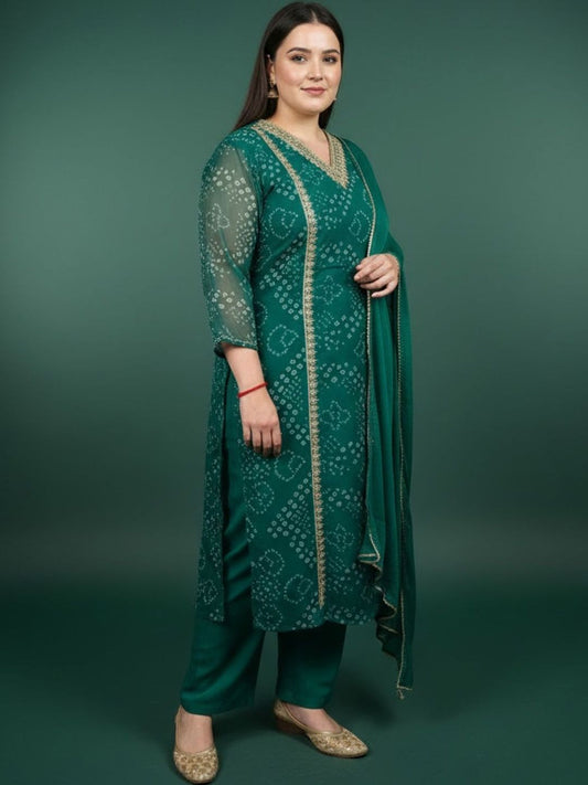 Dhiyona Women's Bandhani Printed Regular Gotta Patti Kurta with Trousers & With Dupatta