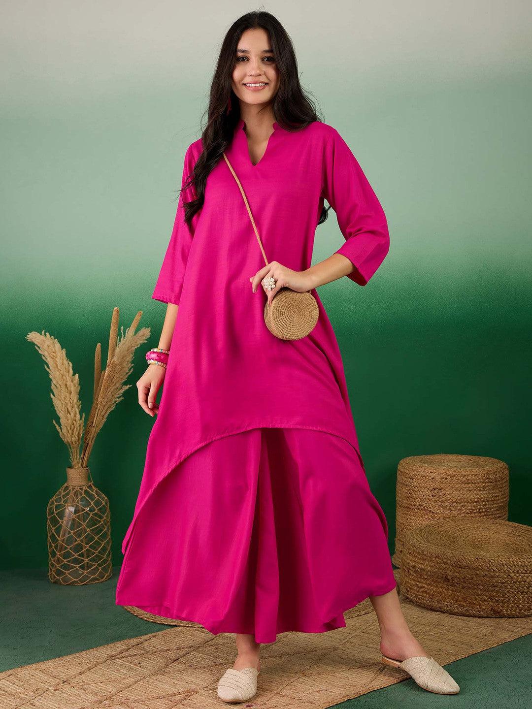 Fuchsia Mandarin Collar A-Line Kurta With Palazzo