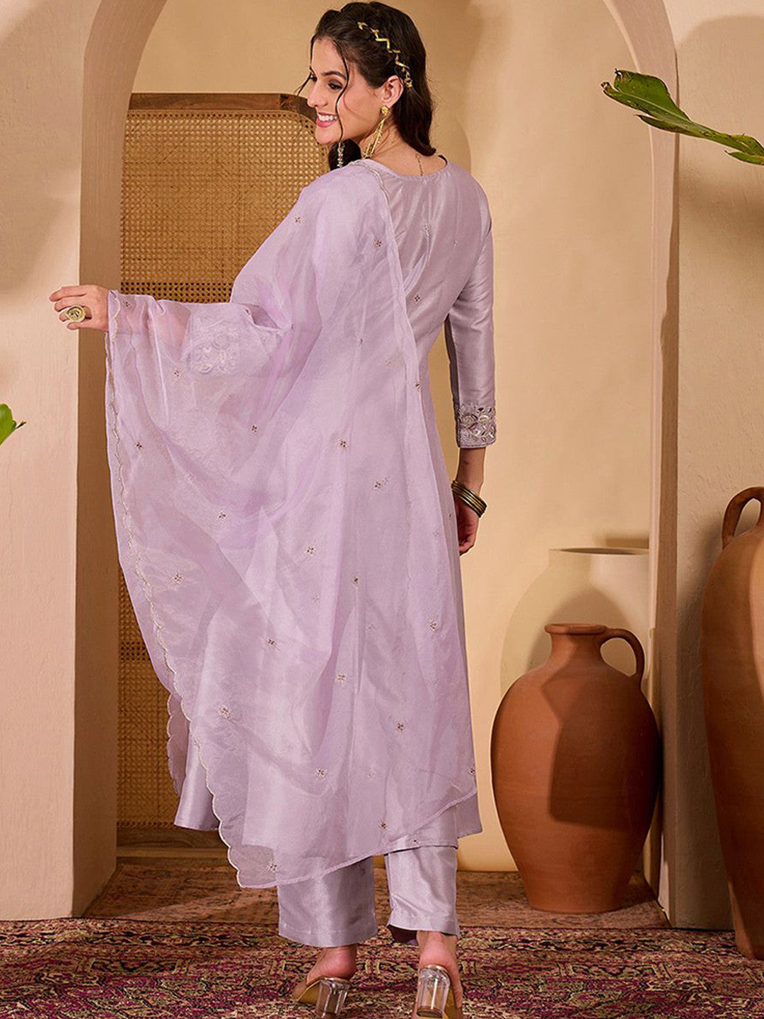Women Floral Embroidered A-Line Kurta with Trousers & Dupatta