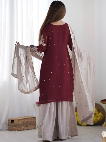 Dhiyona KL Women Ethnic Motifs Embroidered Regular Sequinned Kurta with Sharara & With Dupatta