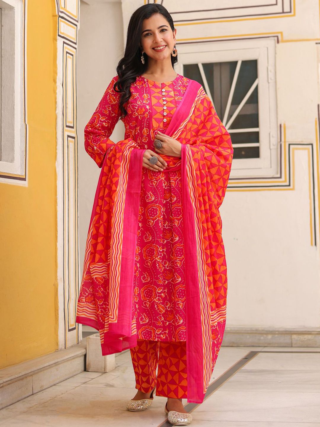 Dhiyona RR Women's Floral Printed Cotton A-Line Kurta with Trousers & Dupatta