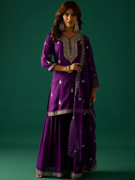 Dhiyona VA Ethnic Motifs Embroidered Zari Kurta With Sharara & Dupatta