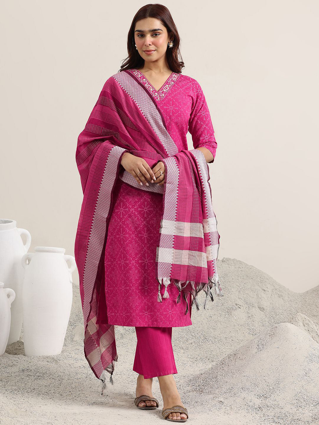 Ethnic Motifs Printed V-Neck Thread Work Straight Kurta With Trousers & Dupatta