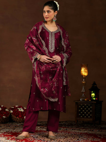 Women's LB Maroon Embroidered Silk Blend Straight Suit With Dupatta