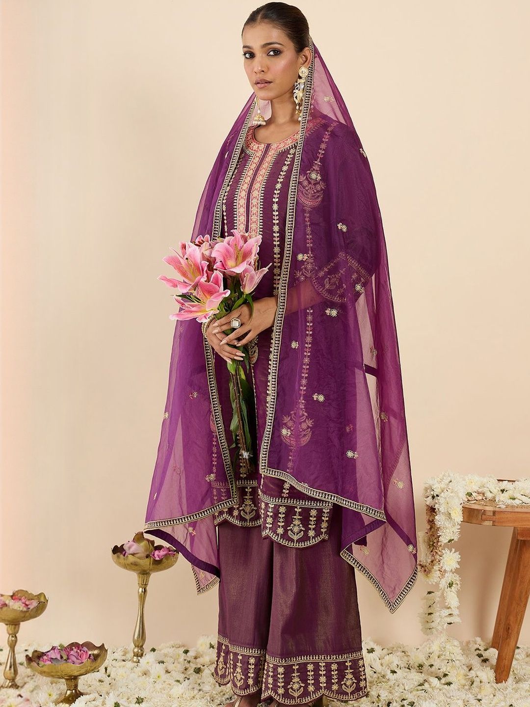Dhiyona IE Women Ethnic Motifs Embroidered Regular Kurta with Palazzos & With Dupatta