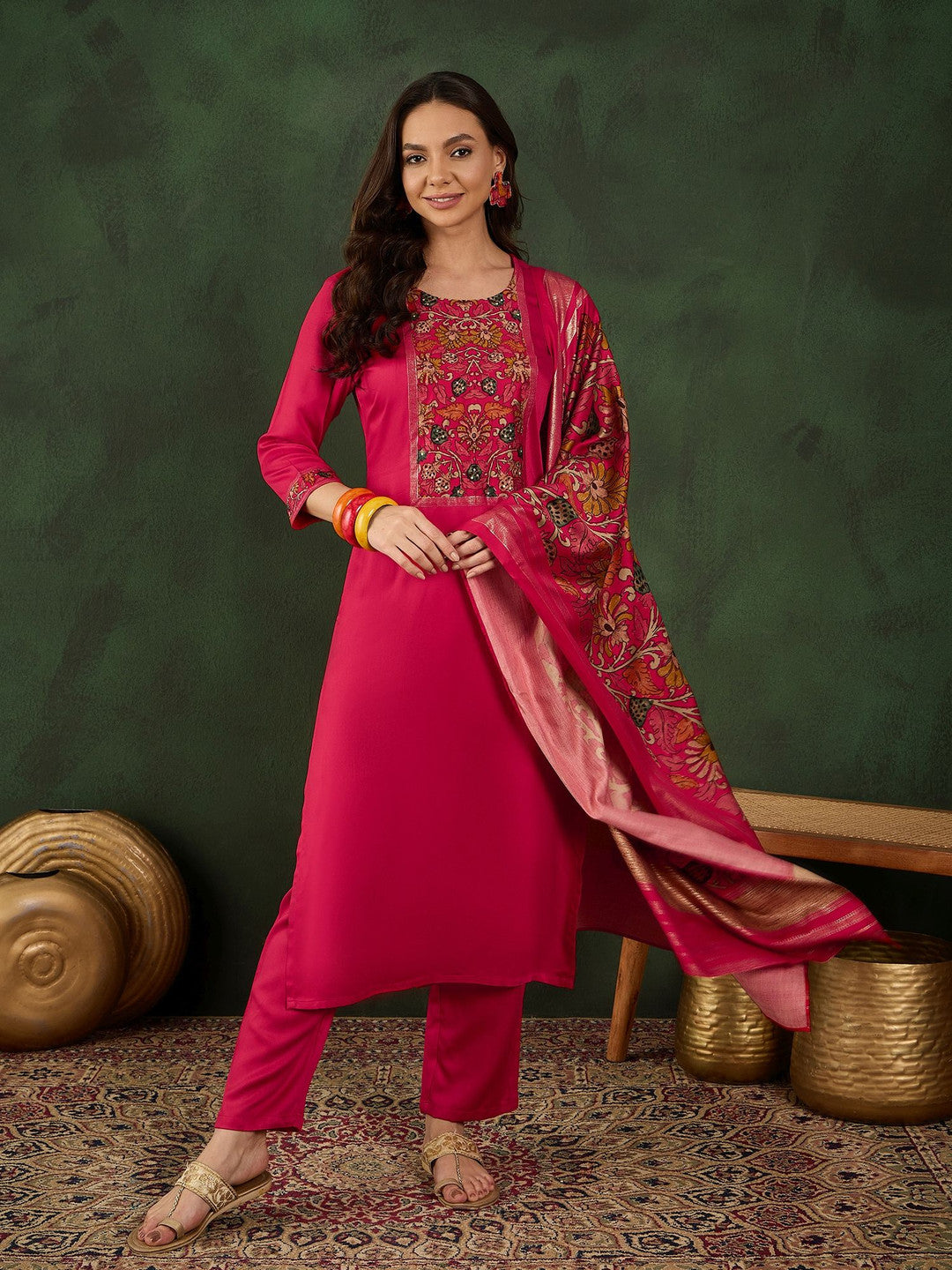 Dhiyona SN Floral Printed Straight Kurta With Trouser & Dupatta