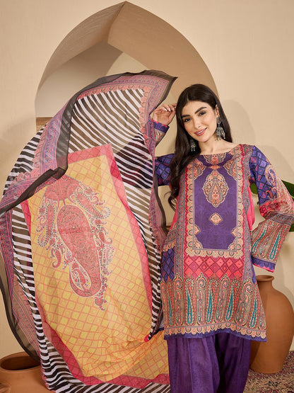 Printed Wool Round Neck Kurta & Trousers with Dupatta set