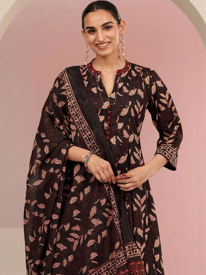 Black Leaf Printed Anarkali Cotton Suit Set