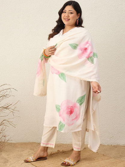 Dhiyona Women's Floral Printed Regular Linen Kurta with Trousers & With Dupatta