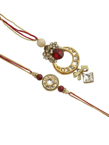 Dhiyona Red Stone Studded & Beaded Bhaiya Bhabhi Thread Rakhis With Roli Chawal