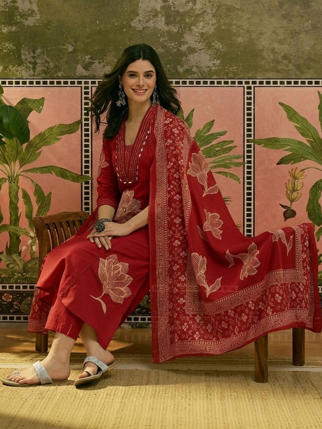 Women's Red Solid Embroidered Cotton A-line Kurta Pant Dupatta Set