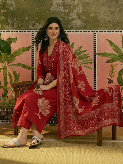 Women's Red Solid Embroidered Cotton A-line Kurta Pant Dupatta Set