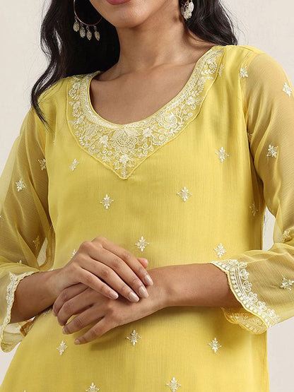 Dhiyona LL Ethnic Motifs Embroidered Round Neck Sequinned Kurta With Palazzos & Dupatta