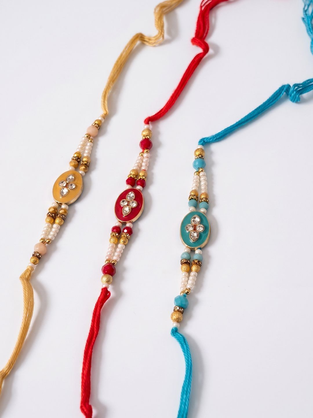 Dhiyona Set Of 3 Multicolor Artificial Beads & White Pearls Thread Rakhi With Roli Chawal