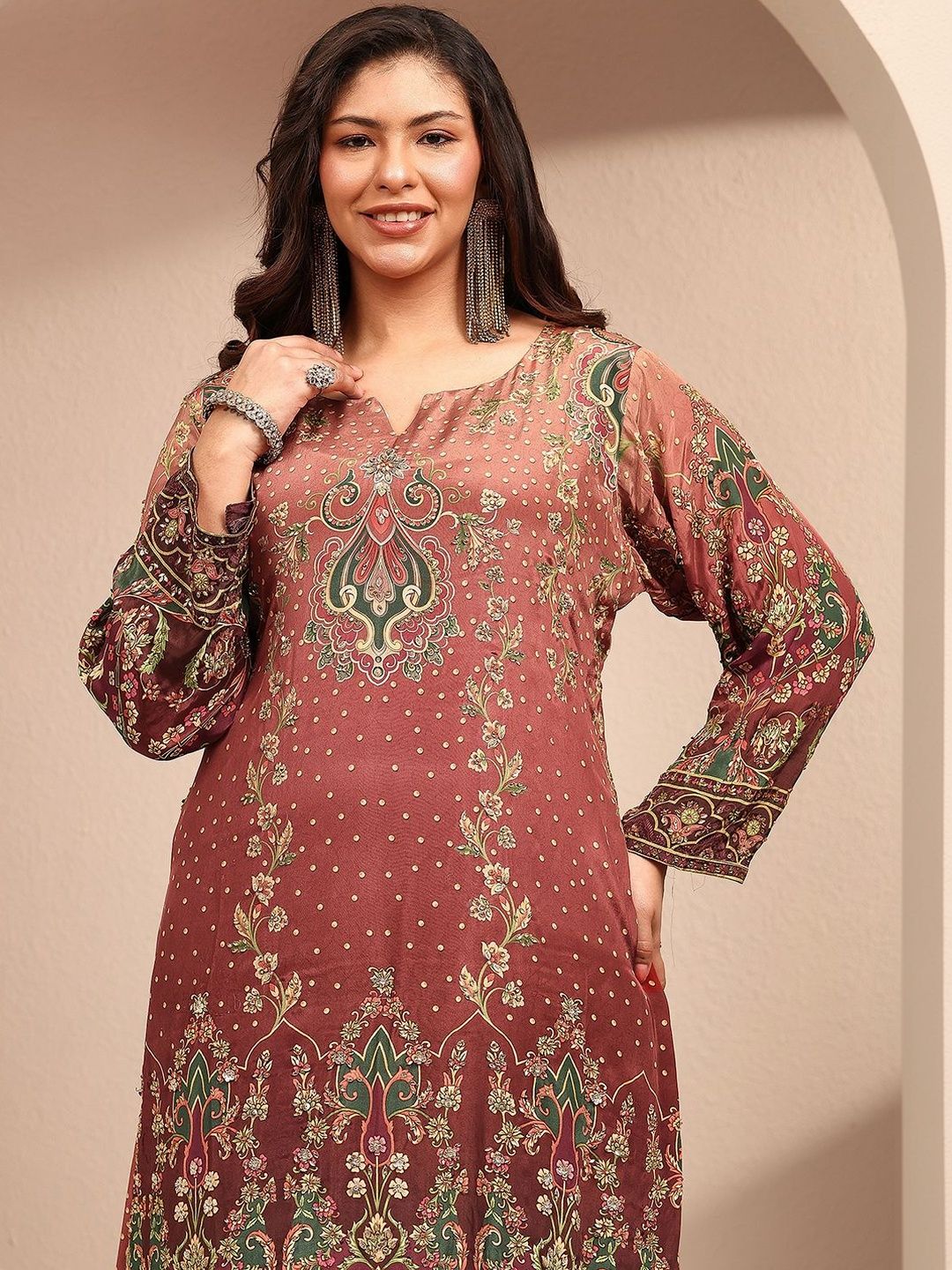 Dhiyona Women's Ethnic Motifs Printed Regular Silk Crepe Kurta with Palazzos & With Dupatta
