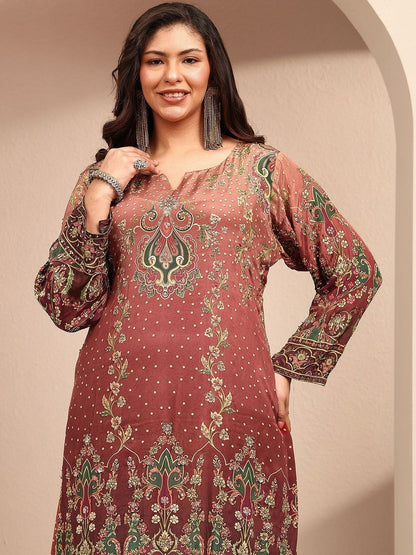 Dhiyona Women's Ethnic Motifs Printed Regular Silk Crepe Kurta with Palazzos & With Dupatta