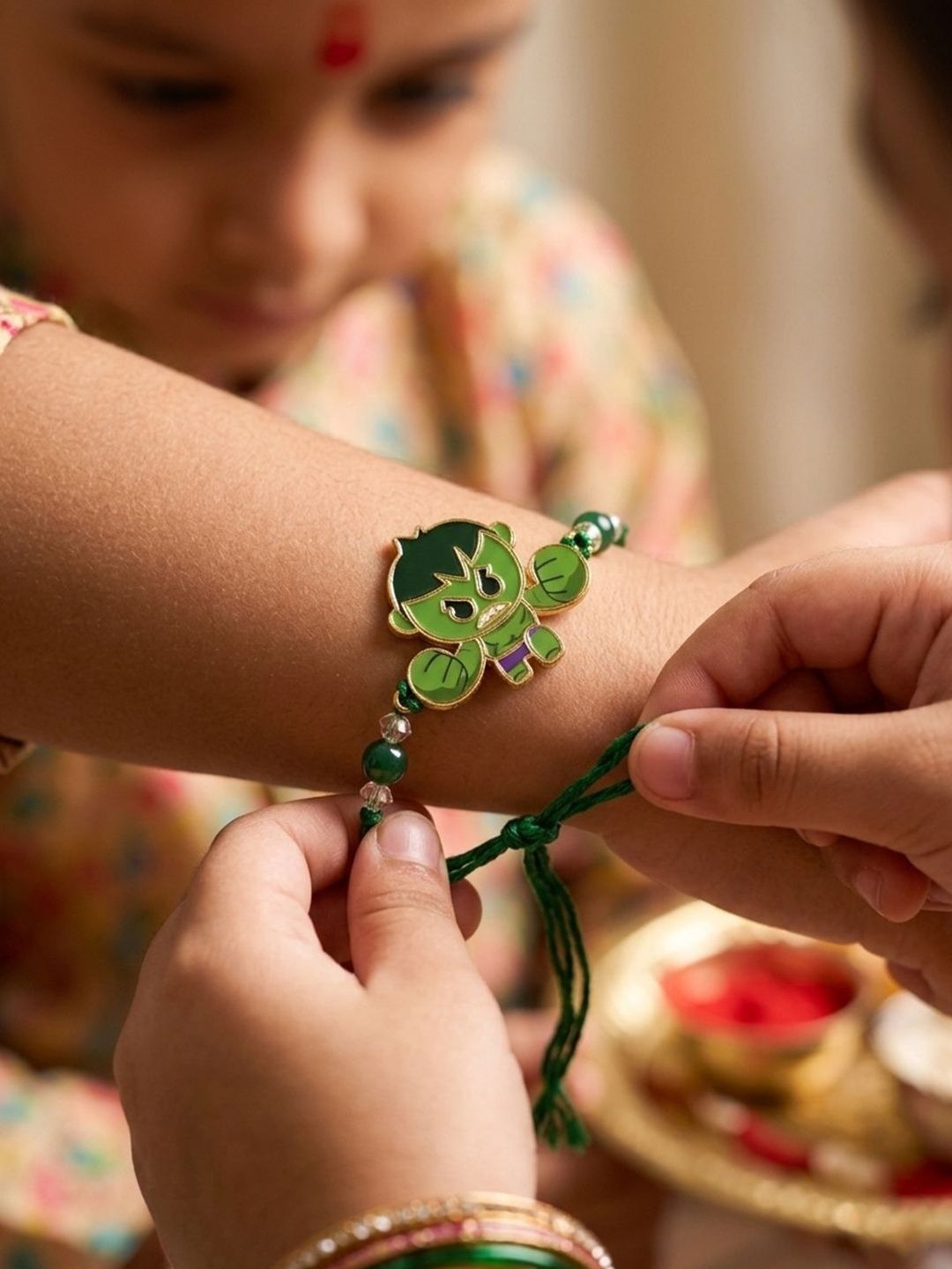 Dhiyona Kids Hulk Character Artificial Beads Thread Rakhi With Roli Chawal Chandan Mishri