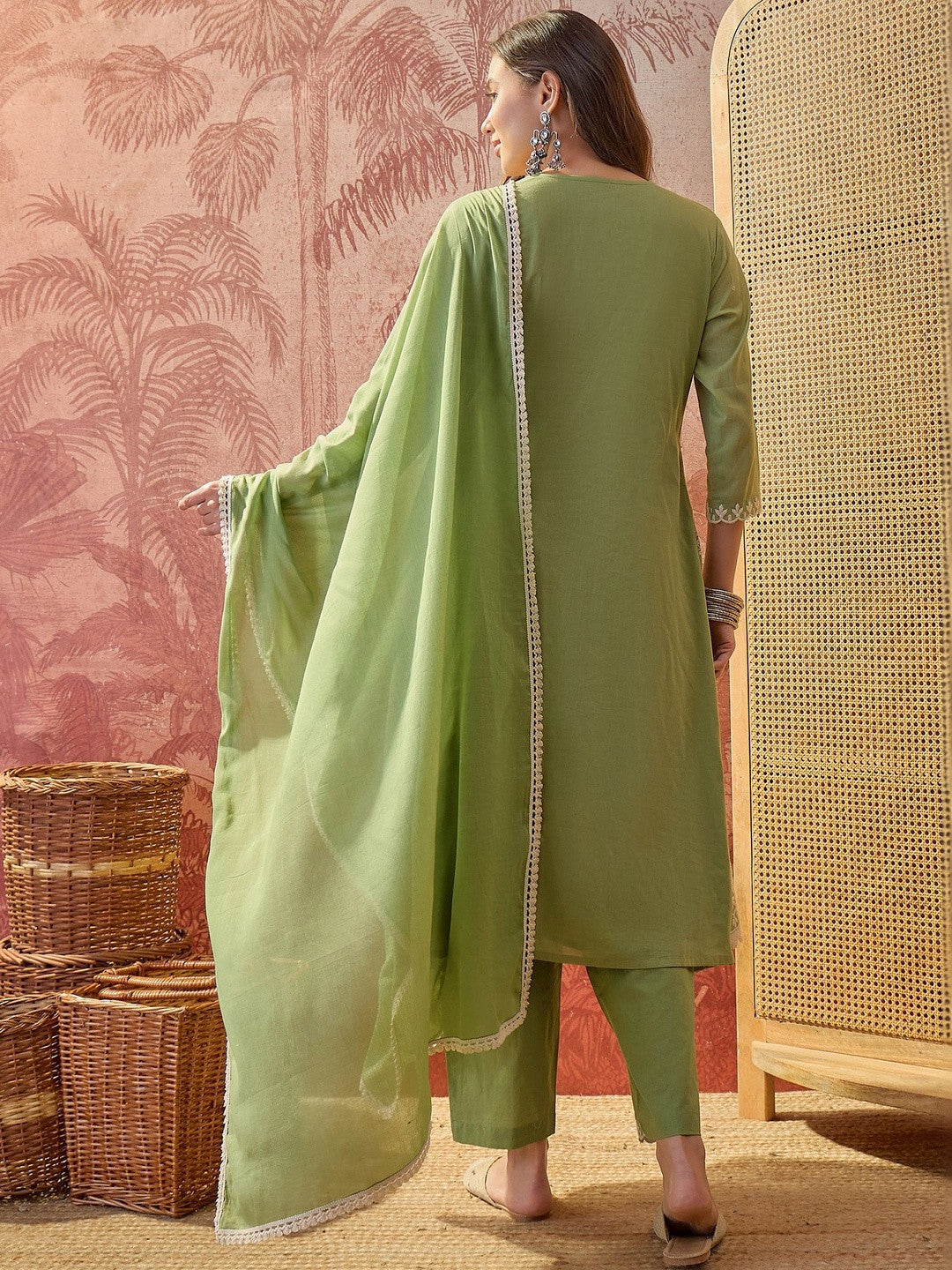 Embroidered Round Neck Kurta & Trousers With Dupatta