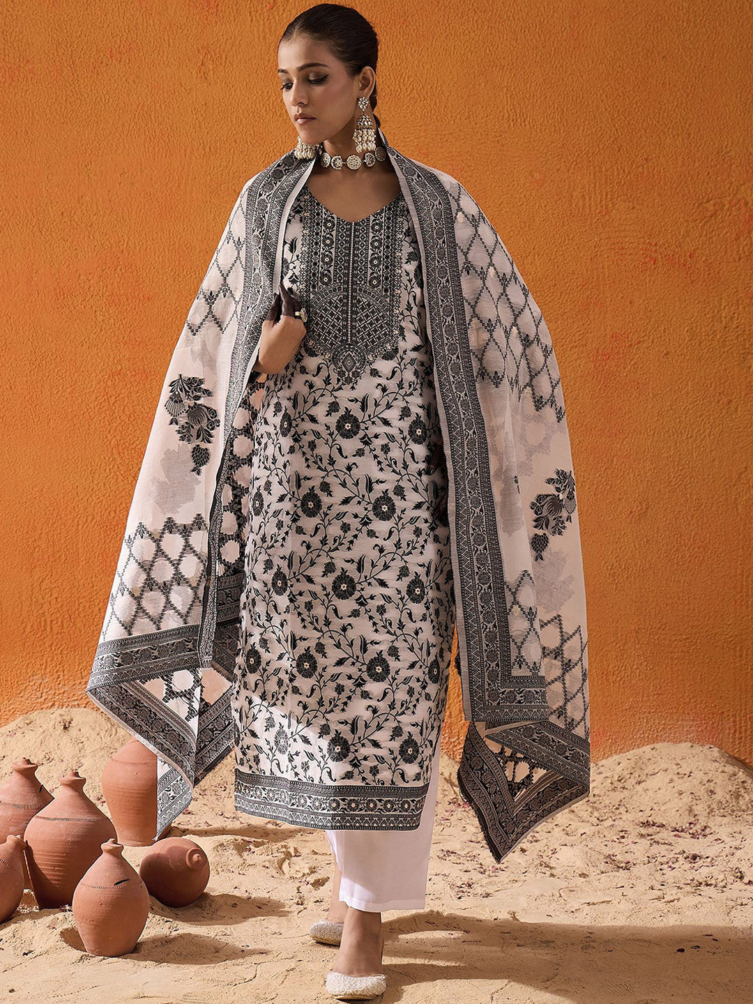 White Ethnic Motifs Woven Design Straight Kurta with Trousers & Dupatta