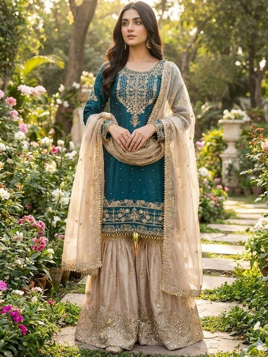 Dhiyona KL Women Ethnic Motifs Embroidered Regular Thread Work Kurta with Sharara & With Dupatta